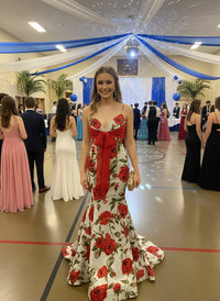 Mermaid Plunging Neck Floral Print Floor Length Prom Dresses with Bow