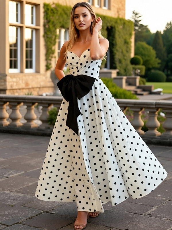A-Line/Princess Plunging Neck Polka Dot Floor Length Prom Dresses with Bow