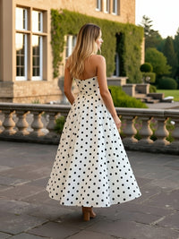 A-Line/Princess Plunging Neck Polka Dot Floor Length Prom Dresses with Bow