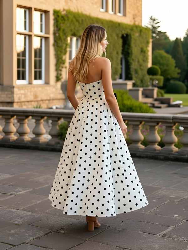 A-Line/Princess Plunging Neck Polka Dot Floor Length Prom Dresses with Bow