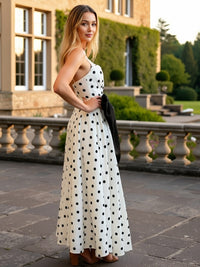 A-Line/Princess Plunging Neck Polka Dot Floor Length Prom Dresses with Bow