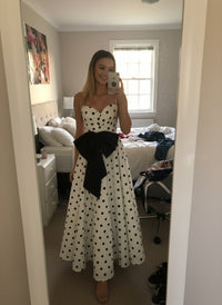 A-Line/Princess Plunging Neck Polka Dot Floor Length Prom Dresses with Bow