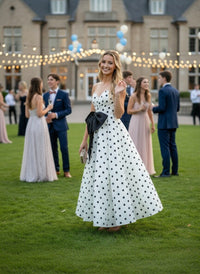 A-Line/Princess Plunging Neck Polka Dot Floor Length Prom Dresses with Bow