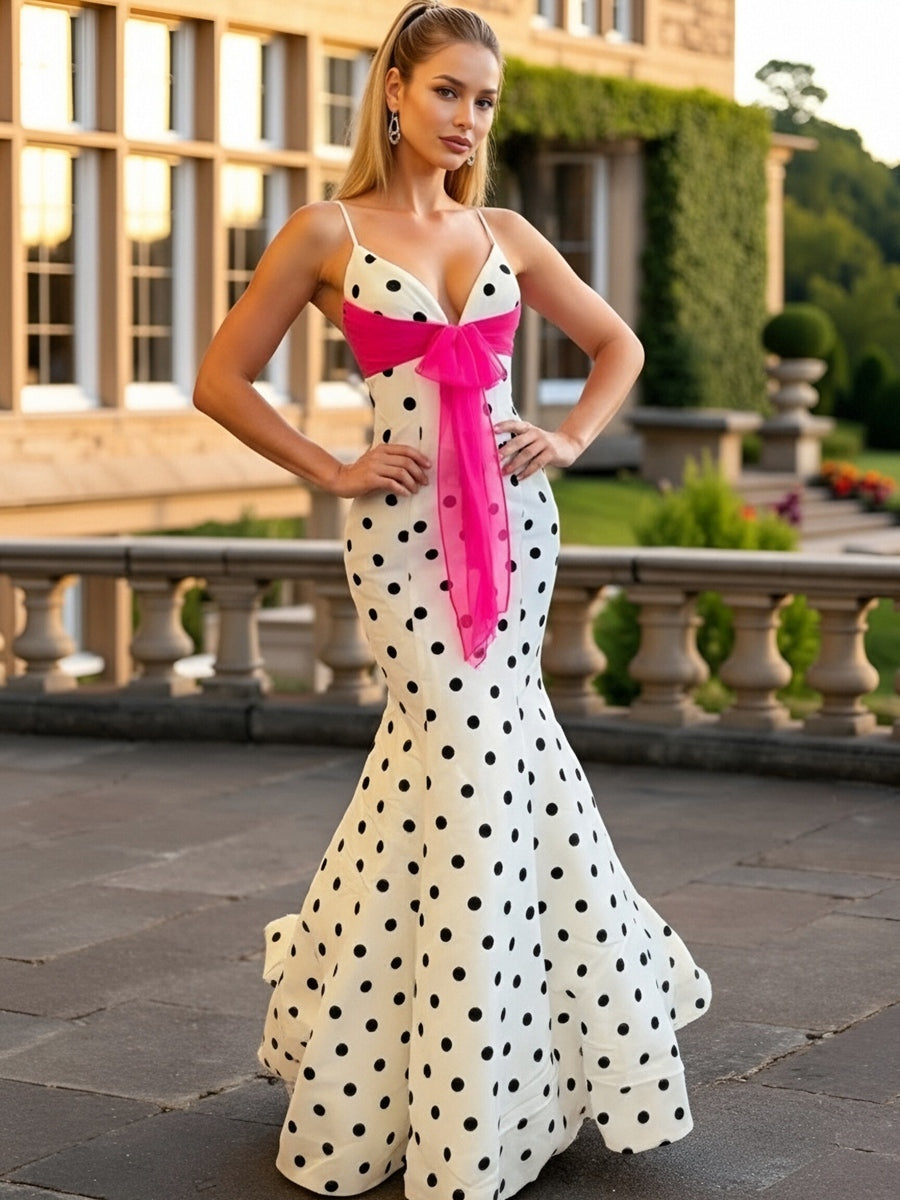 Mermaid V Neck Polka Dot Sleeveless Floor Length Prom Gown with Bow