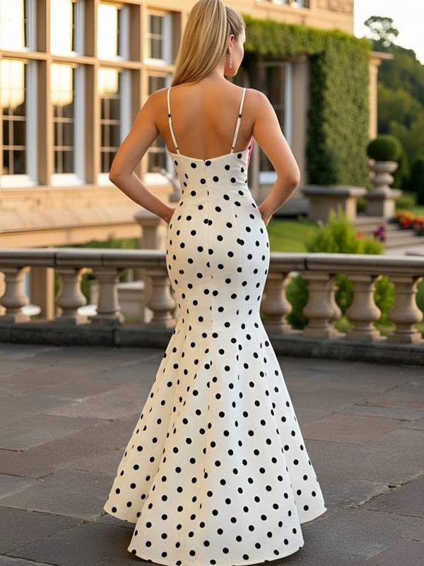 Mermaid V Neck Polka Dot Sleeveless Floor Length Prom Gown with Bow