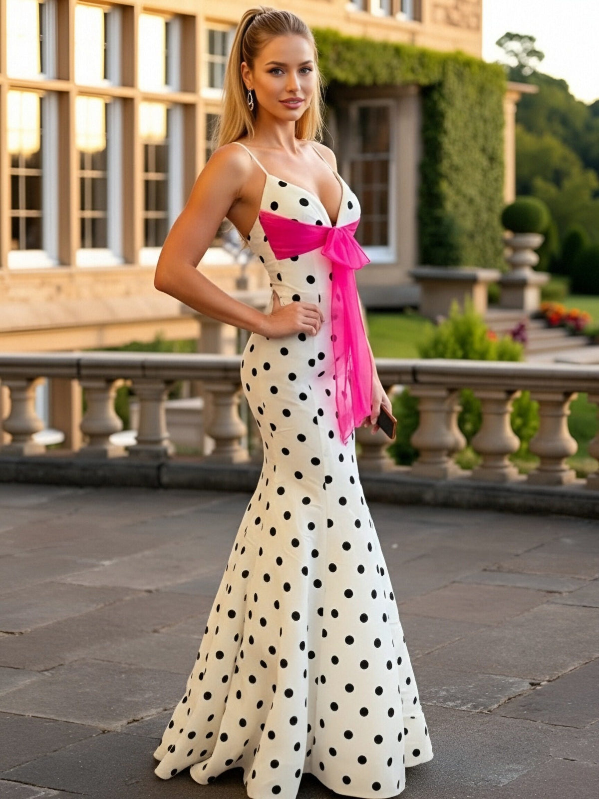 Mermaid V Neck Polka Dot Sleeveless Floor Length Prom Gown with Bow