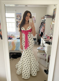 Mermaid V Neck Polka Dot Sleeveless Floor Length Prom Gown with Bow