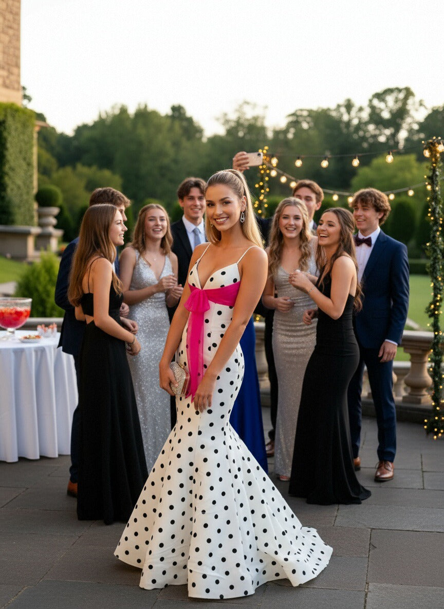 Mermaid V Neck Polka Dot Sleeveless Floor Length Prom Gown with Bow