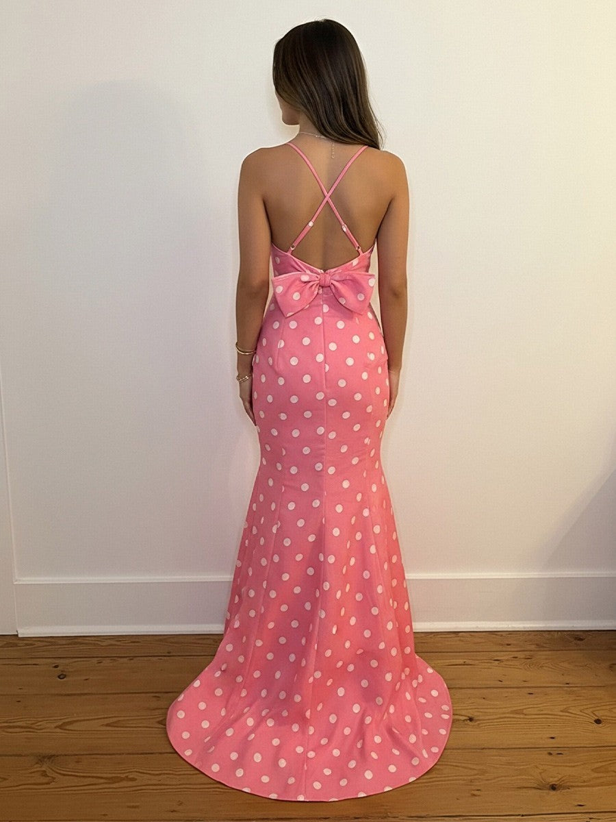 Mermaid V Neck Polka Dot Sleeveless Floor Length Prom Gown with Bow