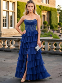 A-Line/Princess Tiered Cowl Neck Floor Length Prom Dresses with Bead