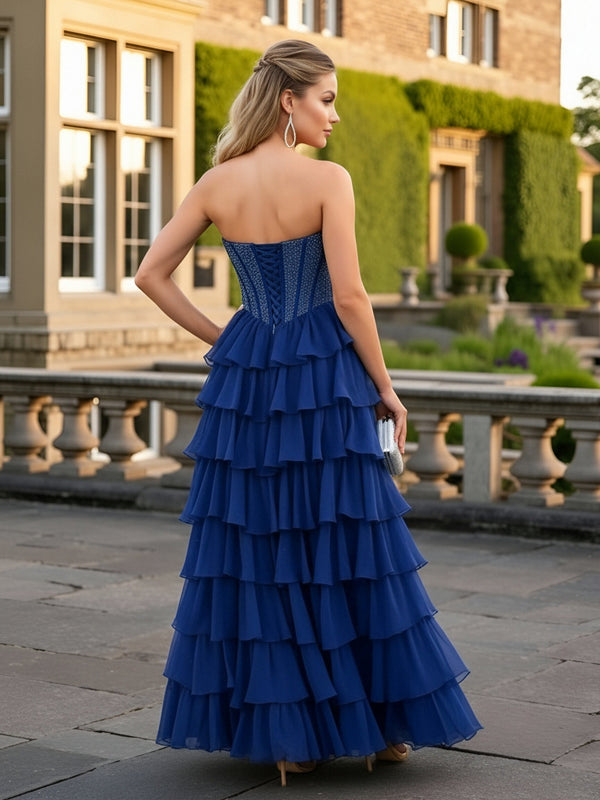 A-Line/Princess Tiered Cowl Neck Floor Length Prom Dresses with Bead