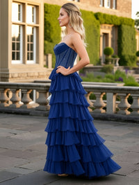 A-Line/Princess Tiered Cowl Neck Floor Length Prom Dresses with Bead