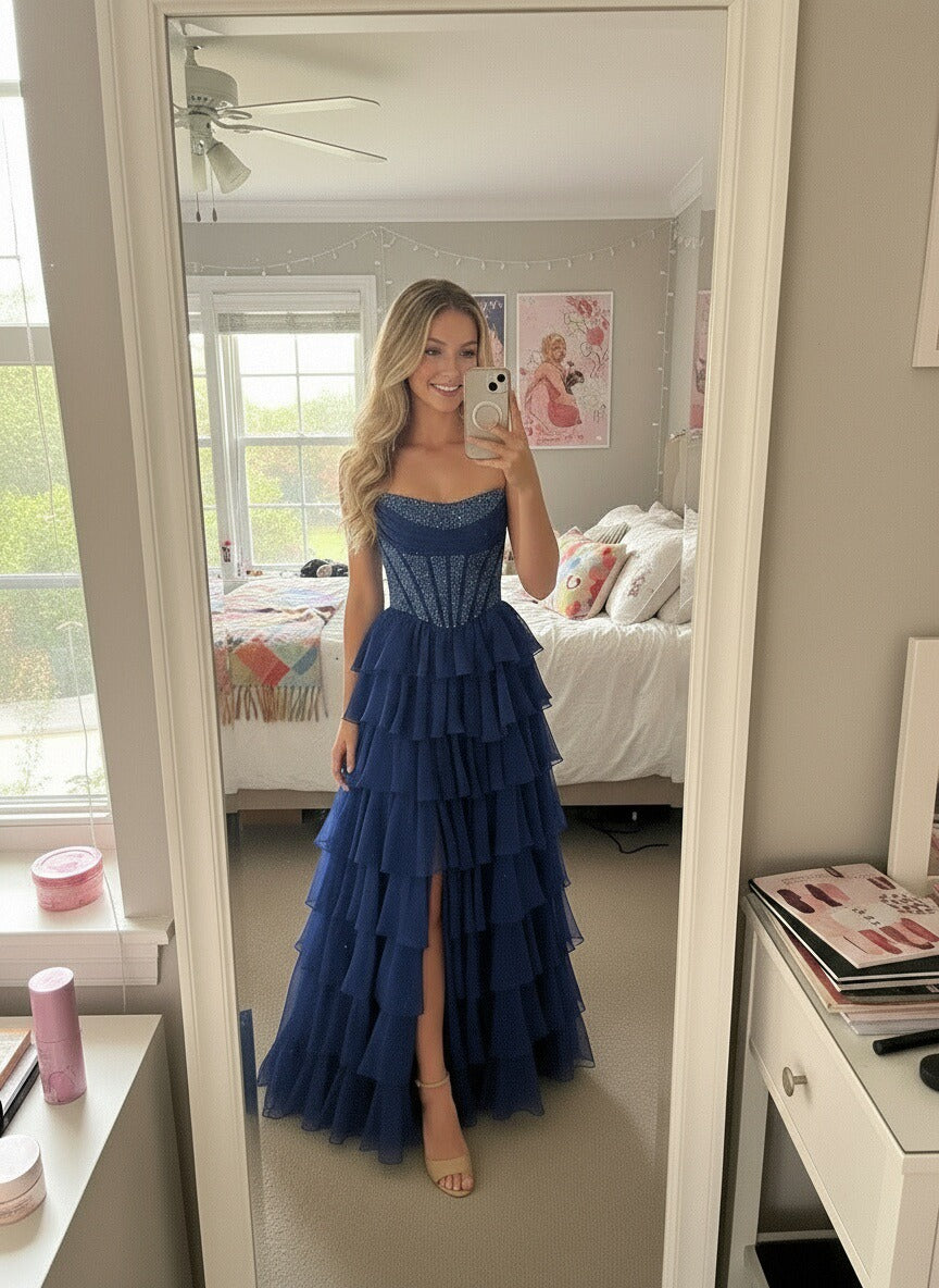 A-Line/Princess Tiered Cowl Neck Floor Length Prom Dresses with Bead