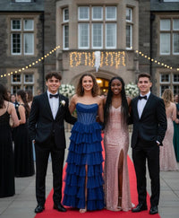 A-Line/Princess Tiered Cowl Neck Floor Length Prom Dresses with Bead