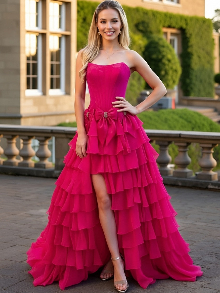 A-Line/Princess Tiered Strapless Floor Length Prom Dresses with Bows