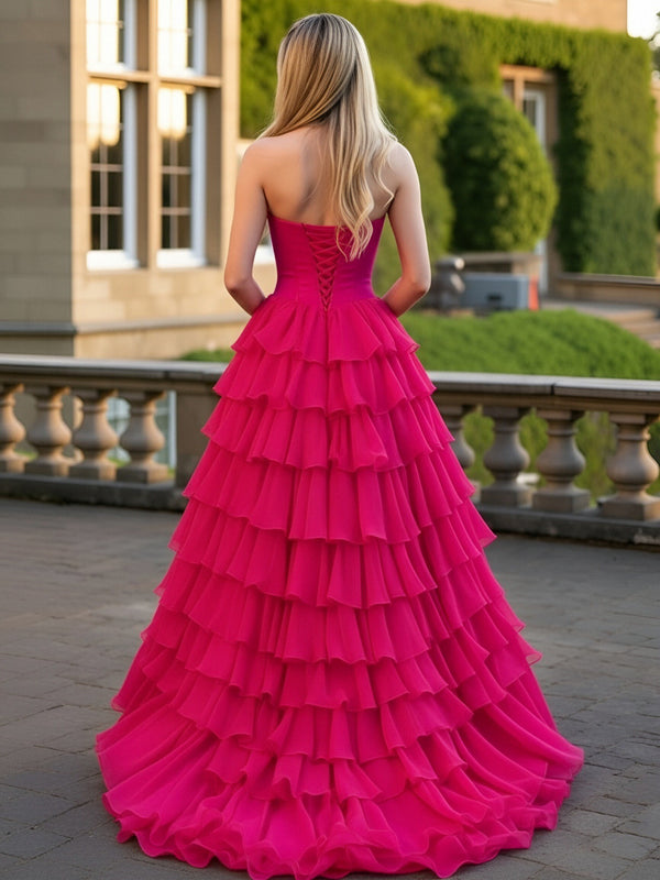 A-Line/Princess Tiered Strapless Floor Length Prom Dresses with Bows