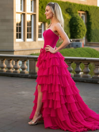A-Line/Princess Tiered Strapless Floor Length Prom Dresses with Bows