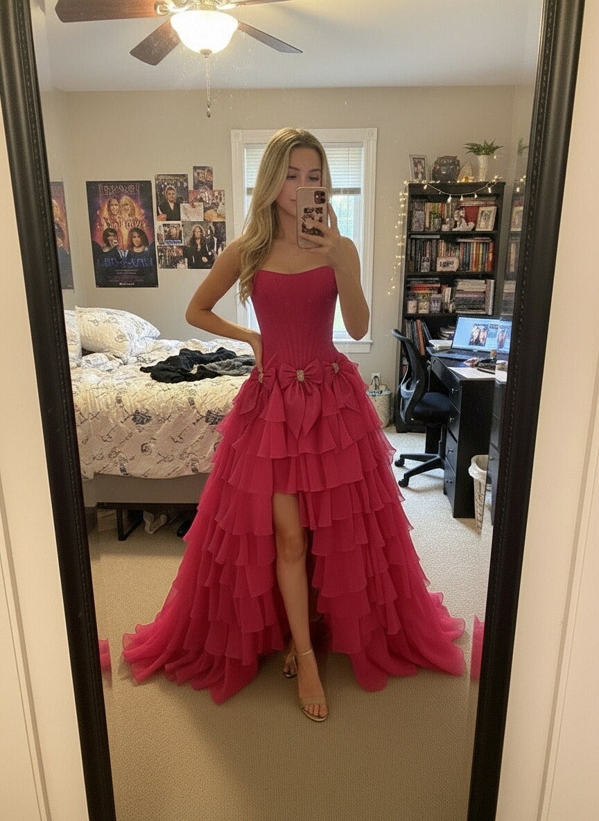 A-Line/Princess Tiered Strapless Floor Length Prom Dresses with Bows