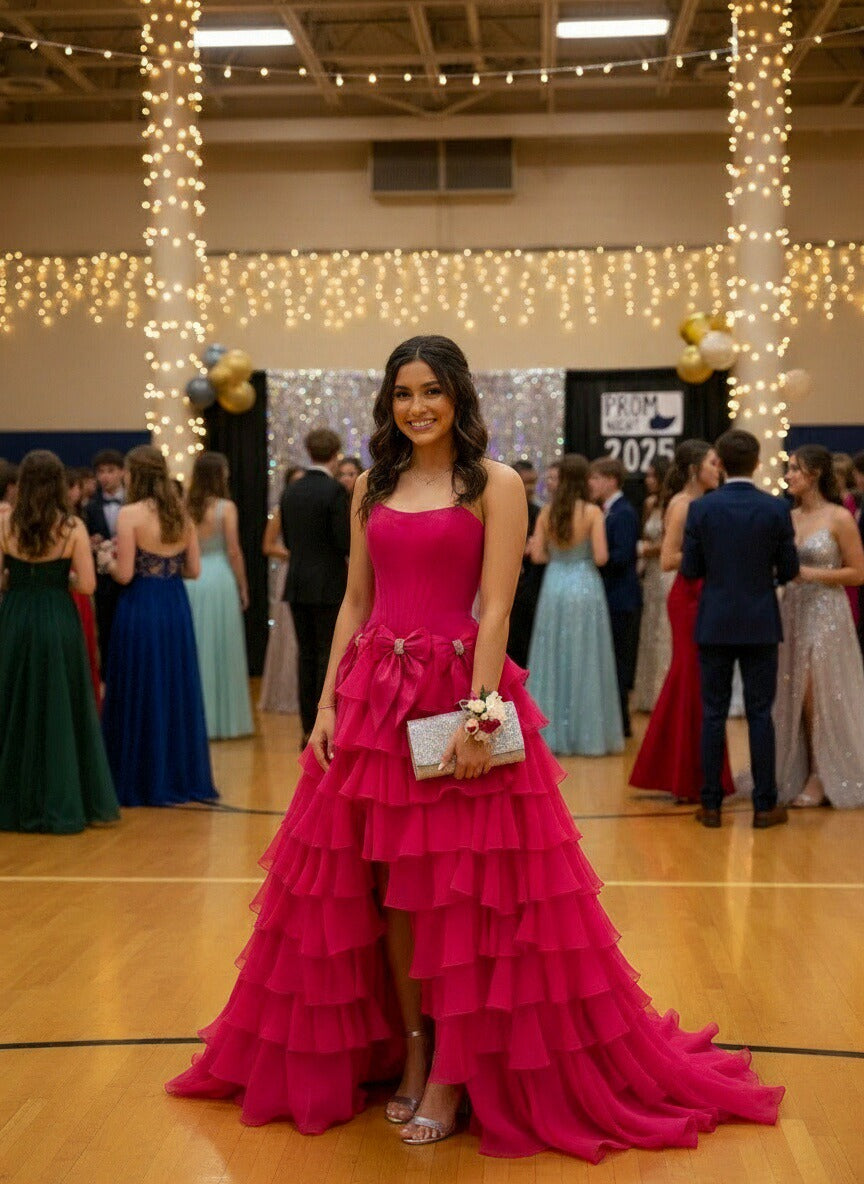 A-Line/Princess Tiered Strapless Floor Length Prom Dresses with Bows