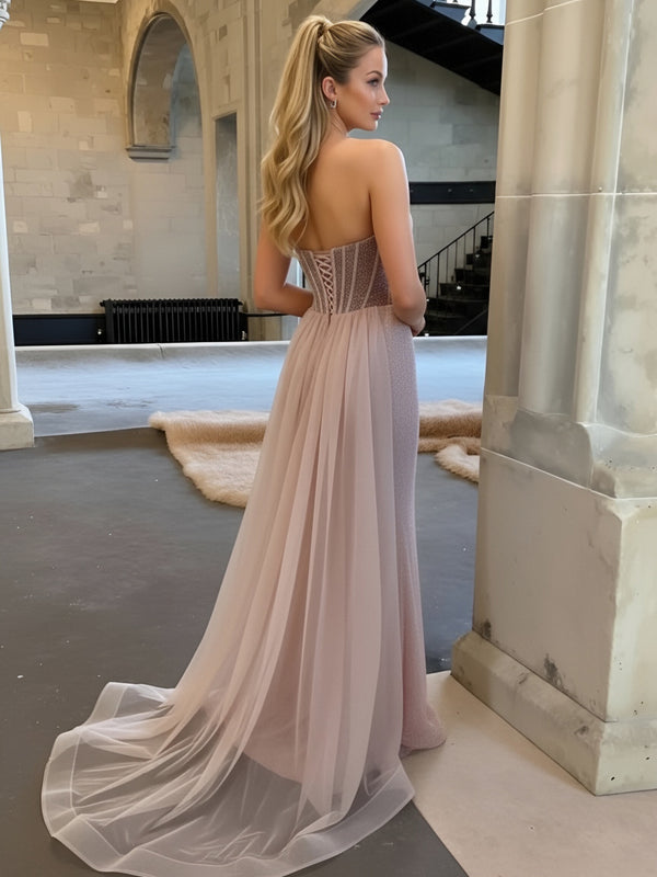 Mermaid Sweetheart Neck Glitter Maxi Formal Prom Dresses with Trail