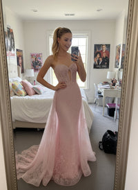 Mermaid Sweetheart Neck Cut Out Maxi Formal Prom Dresses with Applique Train