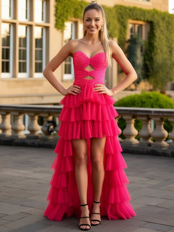A-Line/Princess Tiered Cutout Hi-Lo Floor Length Prom Dresses with Train