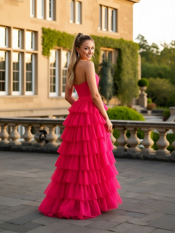 A-Line/Princess Tiered Cutout Hi-Lo Floor Length Prom Dresses with Train