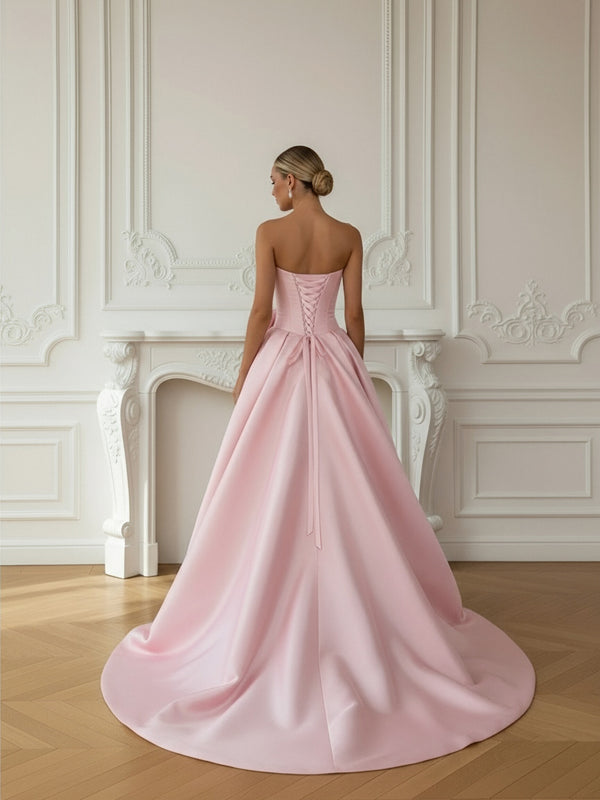 Bubble Drop Waist Strapless Floor Length Prom Dresses with Flower