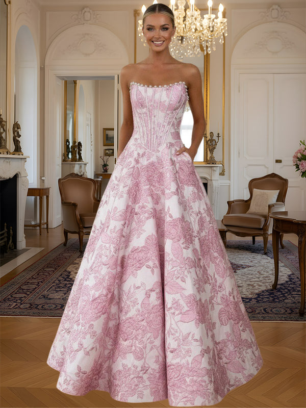 A-Line/Princess Print Flower Strapless Floor Length Prom Dresses with Pockets