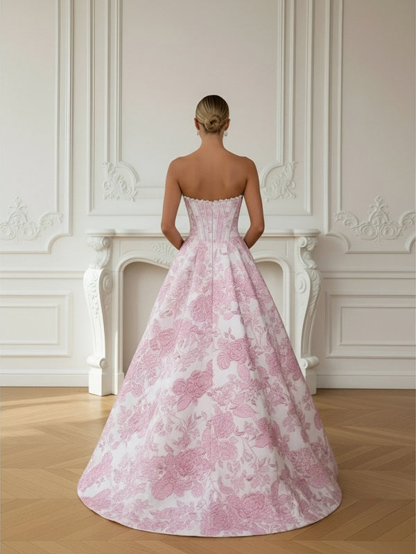 A-Line/Princess Print Flower Strapless Floor Length Prom Dresses with Pockets