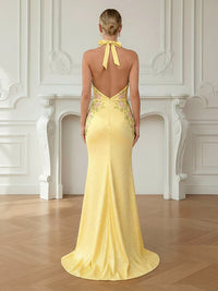Sheath/Column Deep V Neck Halter Floor Length Prom Dresses with Flower Sequin