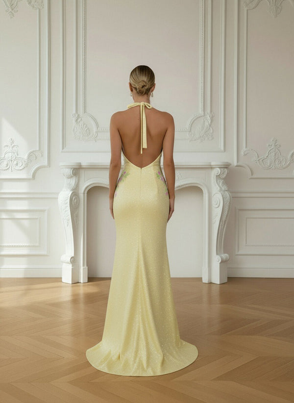 Sheath/Column Deep V Neck Halter Floor Length Prom Dresses with Flower Sequin