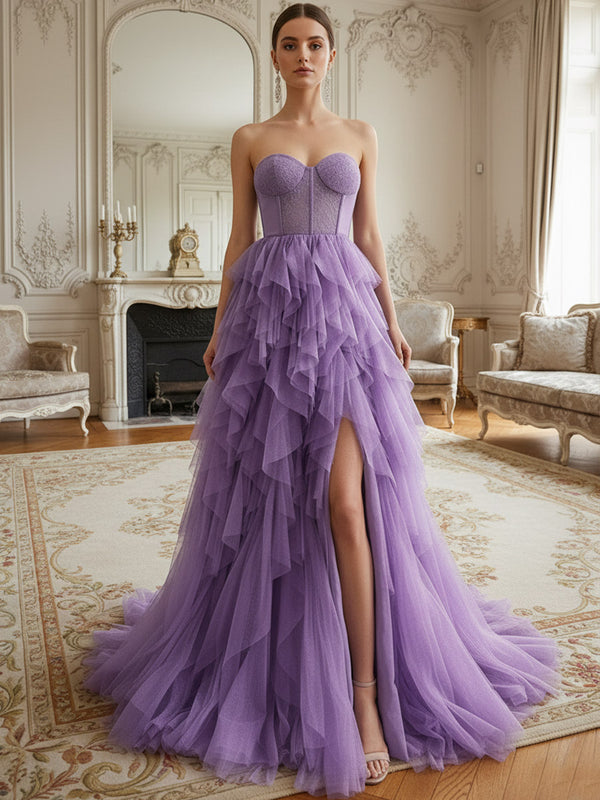 A-Line/Princess Ruffle Tiered Strapless Floor Length Prom Dresses with Tulle