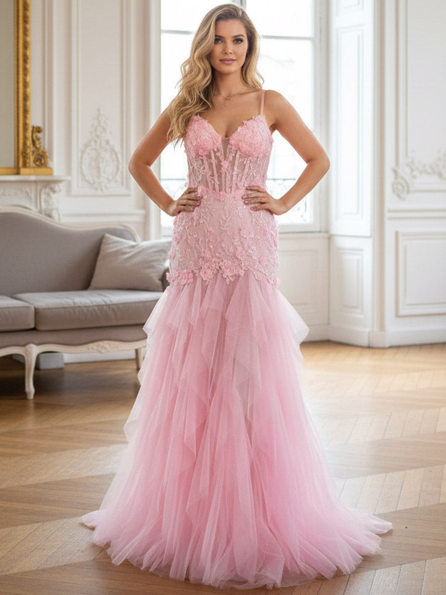 prom dress drop waist Pink Dresses with Lace Appliques Mermaid Ruffle Tiered Spaghetti Straps Floor Length Evening Birthday Party Dresses Color:Cream/Russet current-drop Vegasmaxxing 🎲🍸 . . Our Jill Dropped Waist