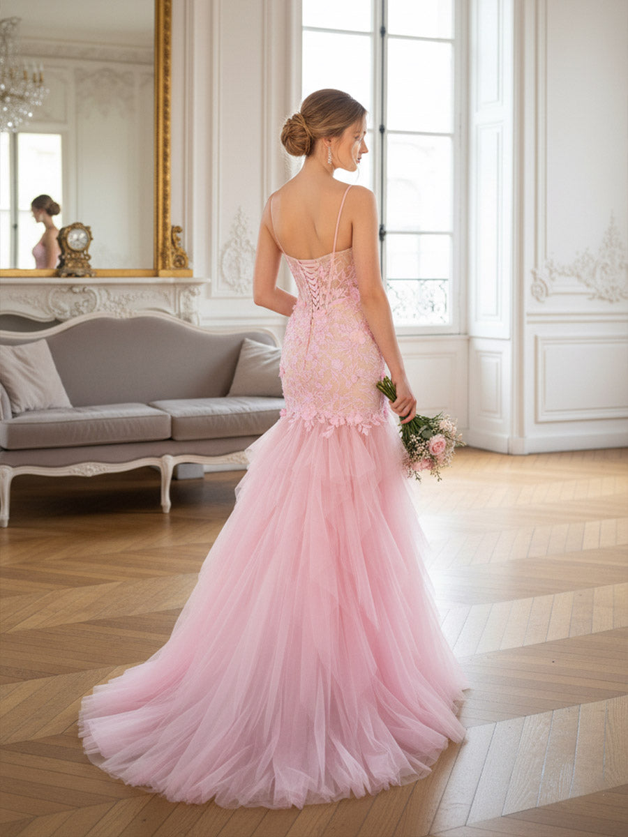 Pink Prom Dresses with Lace Appliques Mermaid Drop Waist Ruffle Tiered Spaghetti Straps Floor Length Evening Birthday Party Dresses