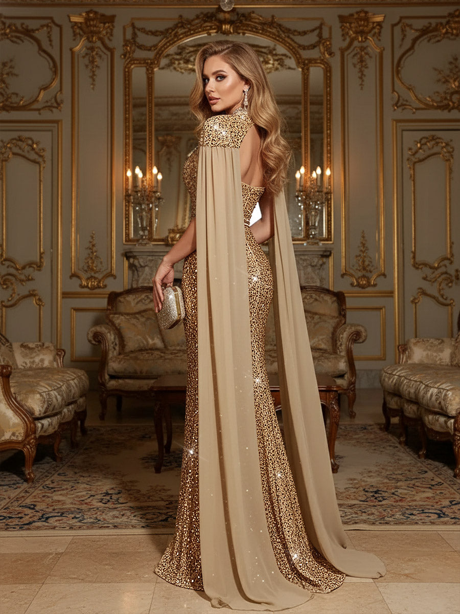Elegant Mermaid Glitter Sequin Strapless Floor Length Evening Dresses with Cape