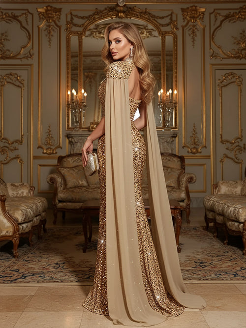 Elegant Mermaid Glitter Sequin Strapless Floor Length Prom Dresses with Cape
