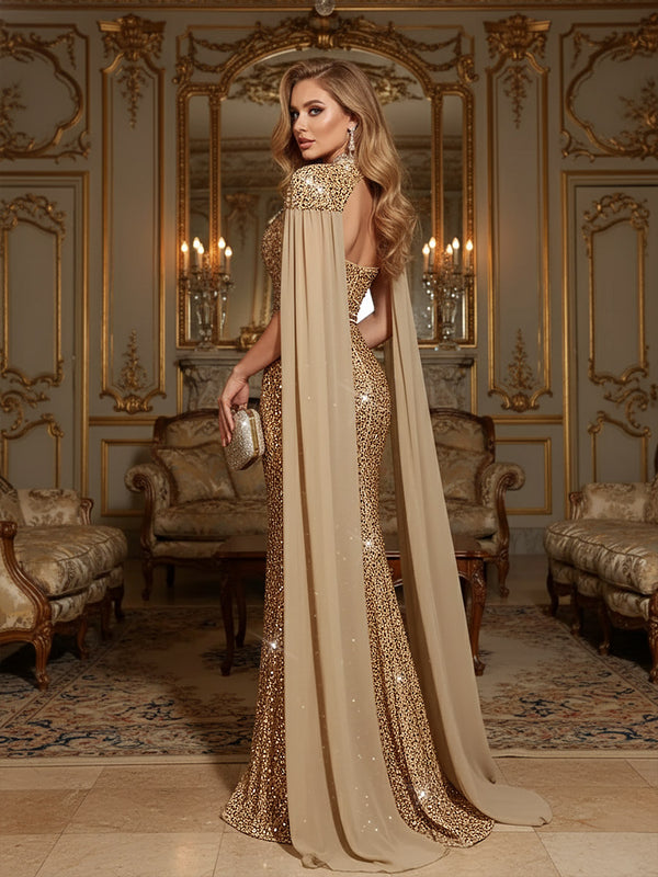 Elegant Mermaid Glitter Sequin Strapless Floor Length Prom Dresses with Cape