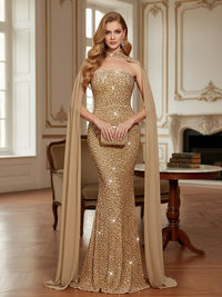 Elegant Mermaid Glitter Sequin Strapless Floor Length Evening Dresses with Cape