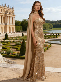 Elegant Mermaid Glitter Sequin Strapless Floor Length Evening Dresses with Cape