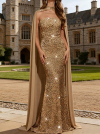Elegant Mermaid Glitter Sequin Strapless Floor Length Evening Dresses with Cape