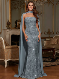 Elegant Mermaid Glitter Sequin Strapless Floor Length Evening Dresses with Cape
