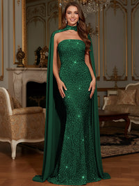 Elegant Mermaid Glitter Sequin Strapless Floor Length Evening Dresses with Cape