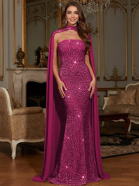 Elegant Mermaid Glitter Sequin Strapless Floor Length Evening Dresses with Cape