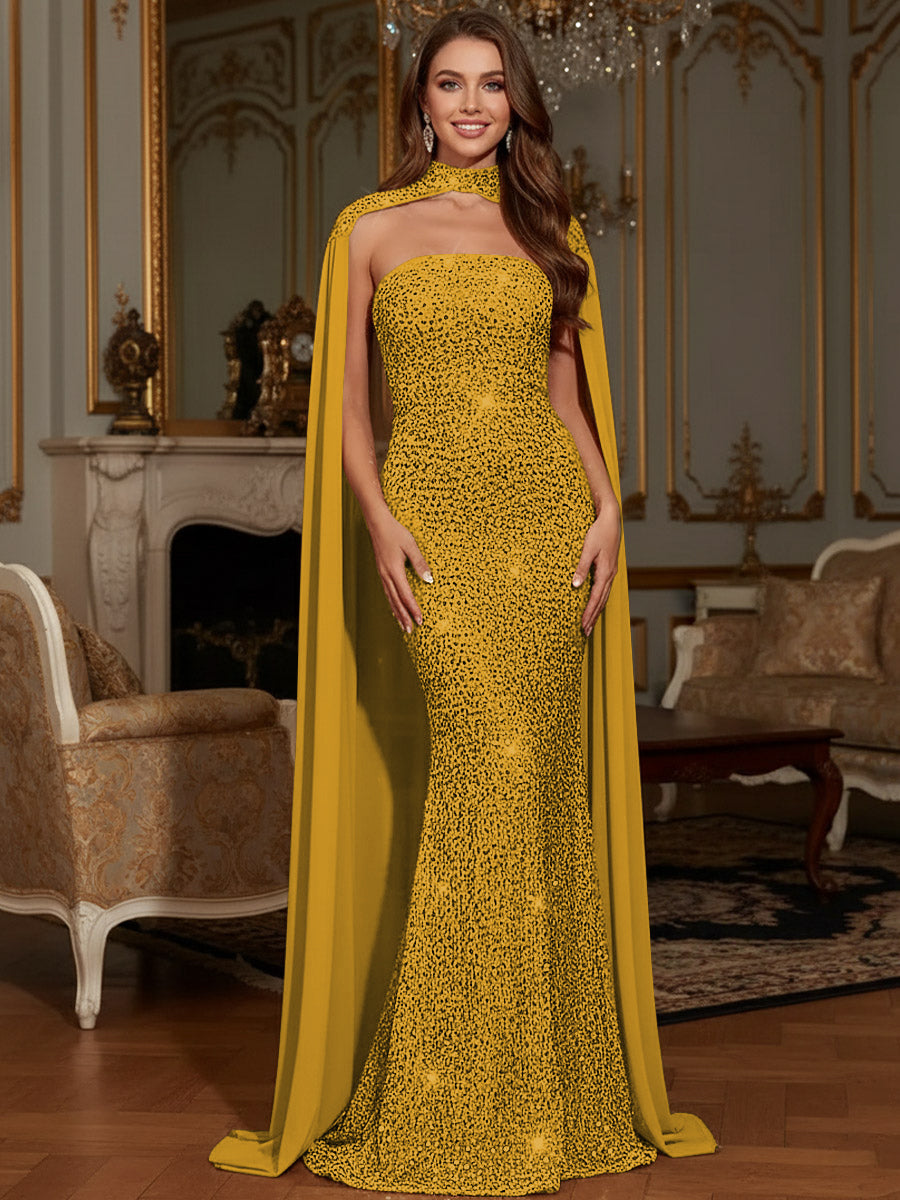 elegant mermaid evening dress Shirees Gold Elegant Mermaid Glitter Sequin Strapless Floor Length Evening Dresses with Cape 2026