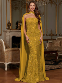 Elegant Mermaid Glitter Sequin Strapless Floor Length Evening Dresses with Cape