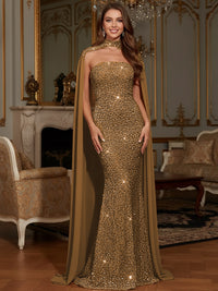 Elegant Mermaid Glitter Sequin Strapless Floor Length Evening Dresses with Cape