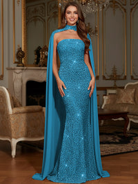 Elegant Mermaid Glitter Sequin Strapless Floor Length Evening Dresses with Cape