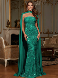 Elegant Mermaid Glitter Sequin Strapless Floor Length Evening Dresses with Cape