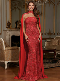 Elegant Mermaid Glitter Sequin Strapless Floor Length Evening Dresses with Cape